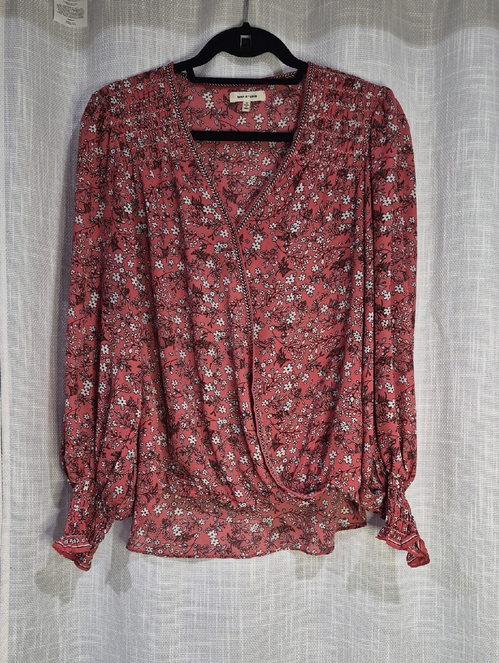 Max Studio Dusty Rose Floral drapey Wrap Top Blouse Long Sleeve